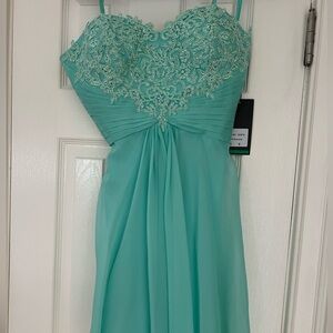 La Femme, size 6 formal shirt dress, color-sea mist, new with tags